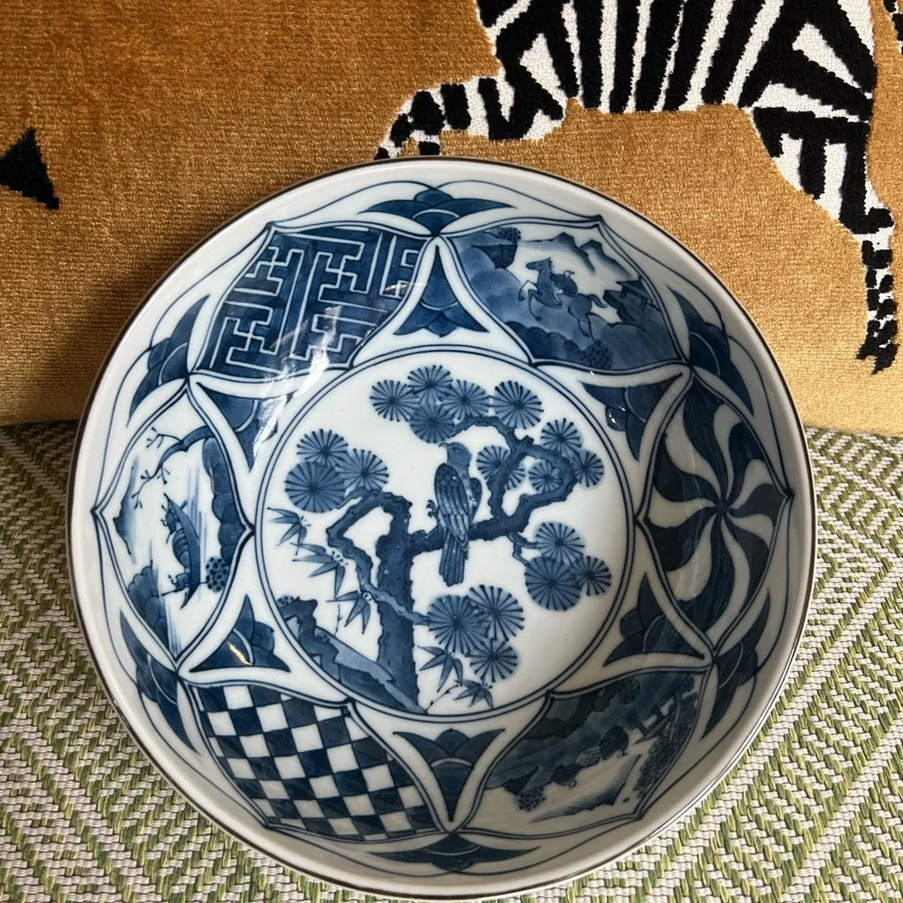 Vintage 1950s Chinese Batavia Ware Blue and White Bowl With Tree Hawk Bird - Picture 2 of 7